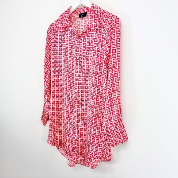 VICI Brenleigh Pink Red Geometric Print Poly Satin Button Down Tunic Mini Dress - Picture 3 of 16